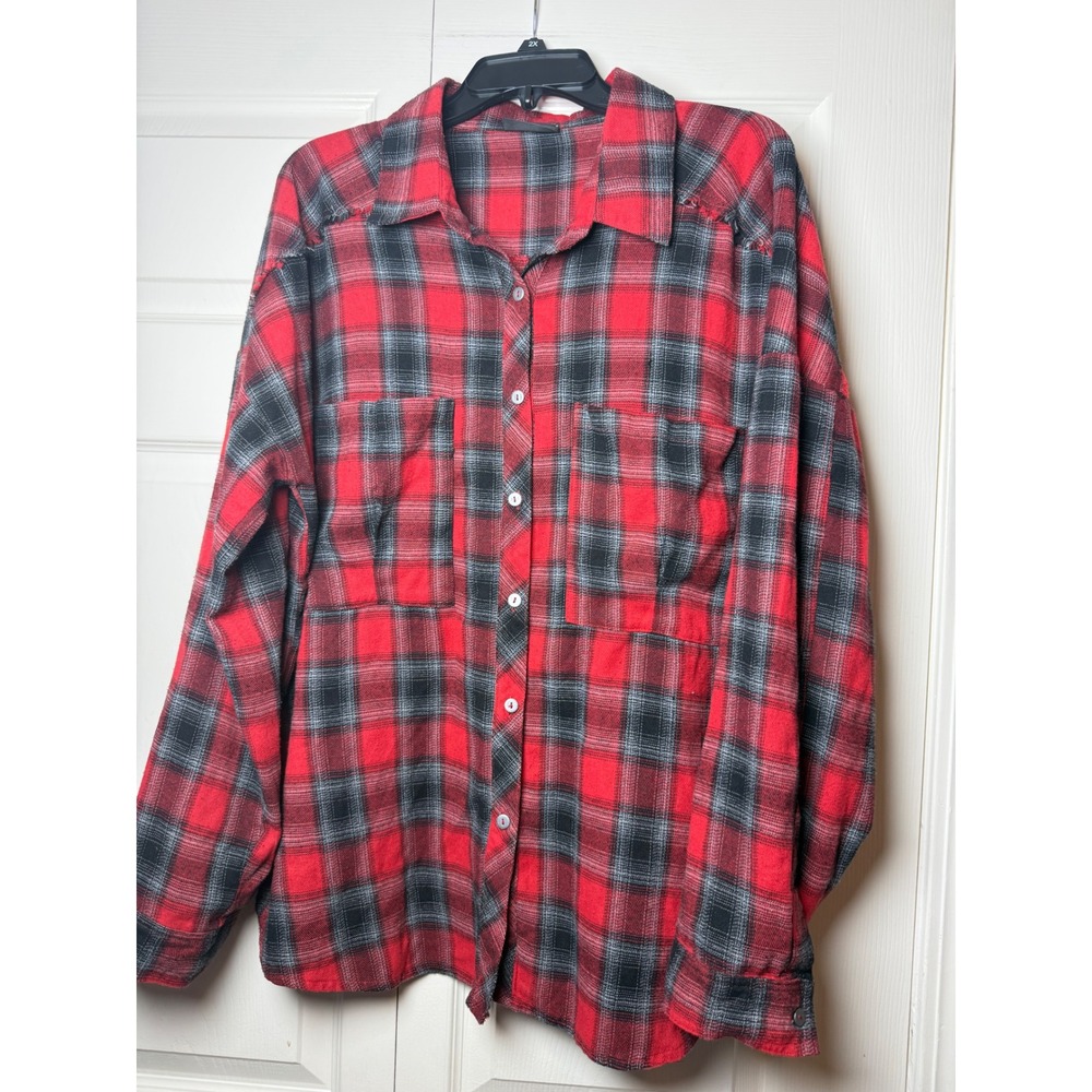 Vici Red Black Plaid‎ Distressed Flannel Button Down Shirt Oversized Large